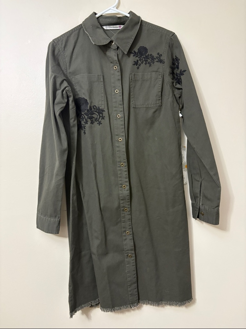 Olive Green Embroidered Long-Sleeve Shirt Dress